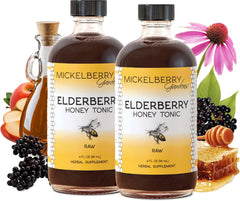 Mickelberry Gardens Elderberry Honey Tonic bottle highlights elderberry blend for immune support.