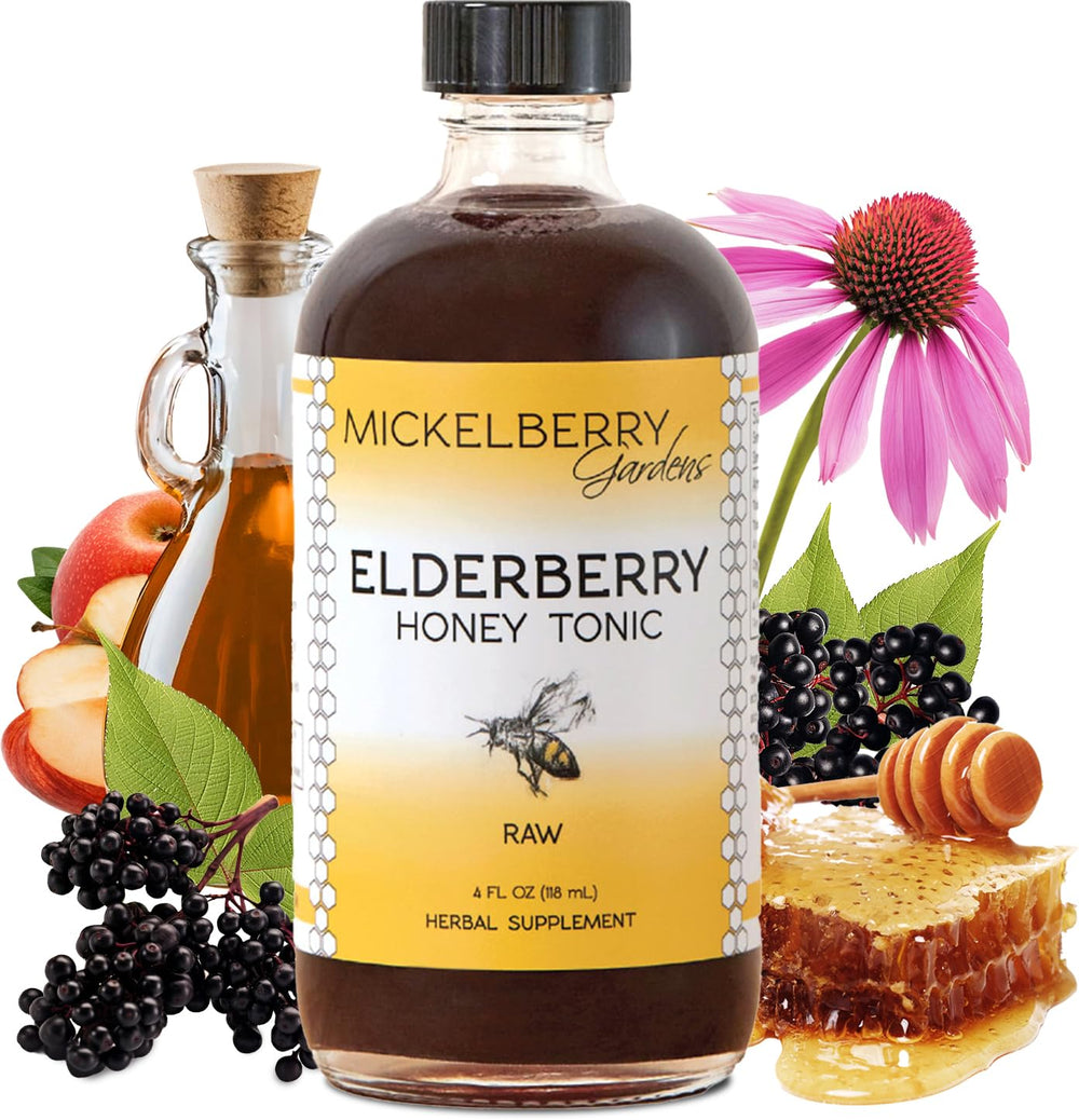 Mickelberry Gardens jarabe de saúco en botella, ideal para apoyo diario del sistema inmunológico.