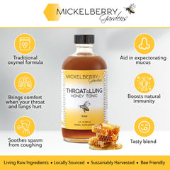 Mickelberry Gardens Throat & Lung Honey Tonic label highlighting organic herbs and honey blend.