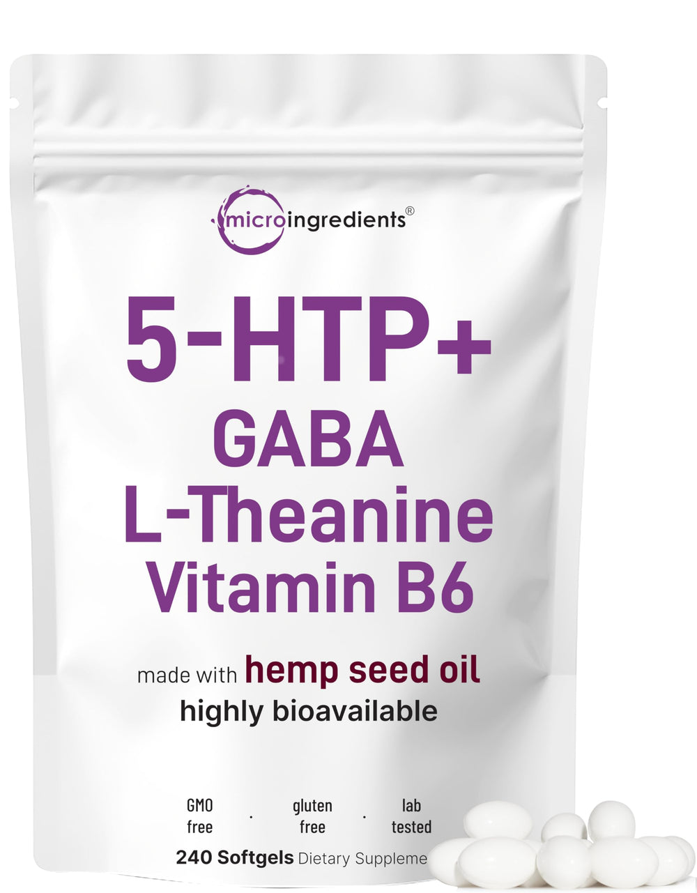 Micro Ingredients 5-HTP+ softgels bottle pour for easy dosing and daily balance