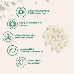 Micro Ingredients 5-HTP+ softgels capsules close-up shows premium vegan formula