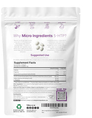 Micro Ingredients 5-HTP+ softgels label detail highlights hemp oil base for absorption