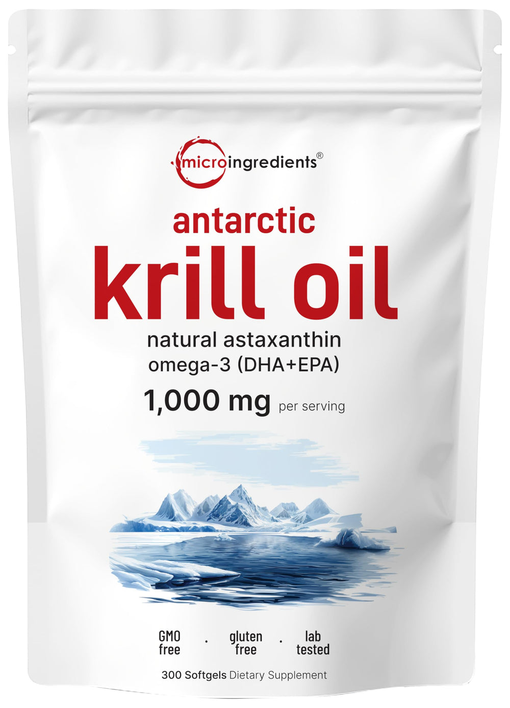 Micro Ingredients Antarctic Krill Oil bottle close-up, omega-3 rich formula with brain and heart support.