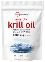 Micro Ingredients Antarctic Krill Oil bottle close-up, omega-3 rich formula with brain and heart support.