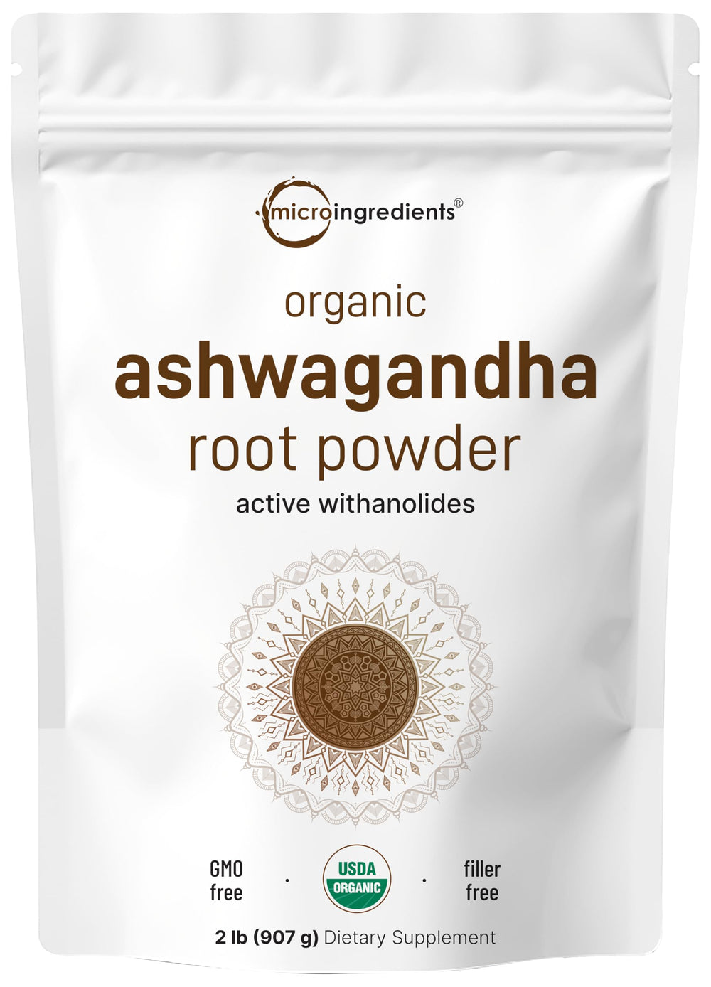 Micro Ingredients Ashwagandha powder packaging showing clean organic label and bottle