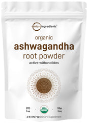 Micro Ingredients Ashwagandha powder packaging showing clean organic label and bottle