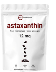 Micro Ingredients Astaxanthin 12mg bottle pouring for daily antioxidant support.
