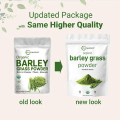 Micro Ingredients Barley Grass Powder pouch highlighting US grown, organic, non-GMO ingredients.