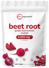 Micro Ingredients Beet Root 3000mg bottle shows 3-in-1 formula for nitric oxide support