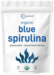 Micro Ingredients Blue Spirulina powder bottle adds vibrant color to smoothies.