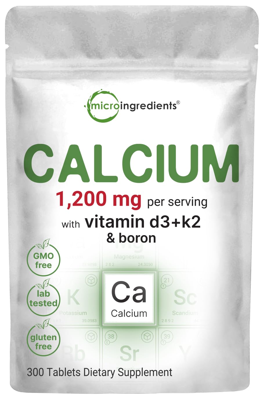Micro Ingredients Calcium 1200mg bottle front with D3 and K2 for bone support.