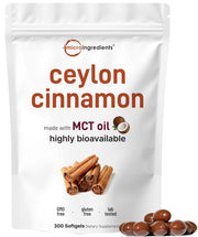 Micro Ingredients Ceylon Cinnamon softgels bottle close-up showing MCT oil blend for absorption