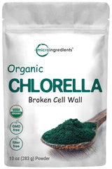 Micro Ingredients chlorella bottle shows broken cell wall for enhanced absorption.