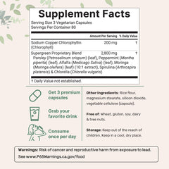 Micro Ingredients Chlorophyll Super Greens Complex capsules close-up highlighting copper chlorophyllin