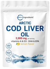 Micro Ingredients cod liver oil bottle with lemon flavor for burpless omega-3 intake.
