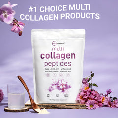 Micro Ingredients collagen types I–X label close-up shows diverse protein sources.