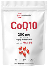 Micro Ingredients CoQ10 bottle label highlighting 200 mg dose with coconut MCT for better absorption