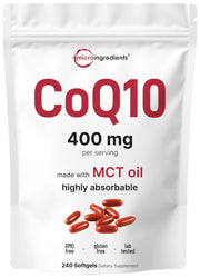 Micro Ingredients CoQ10 softgels bottle for easy daily antioxidant support.
