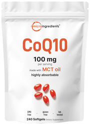 Micro Ingredients CoQ10 softgels with coconut MCT oil in bottle for better absorption.