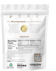 Micro Ingredients electrolyte powder bottle label highlights zero sugar and real coconut water minerals