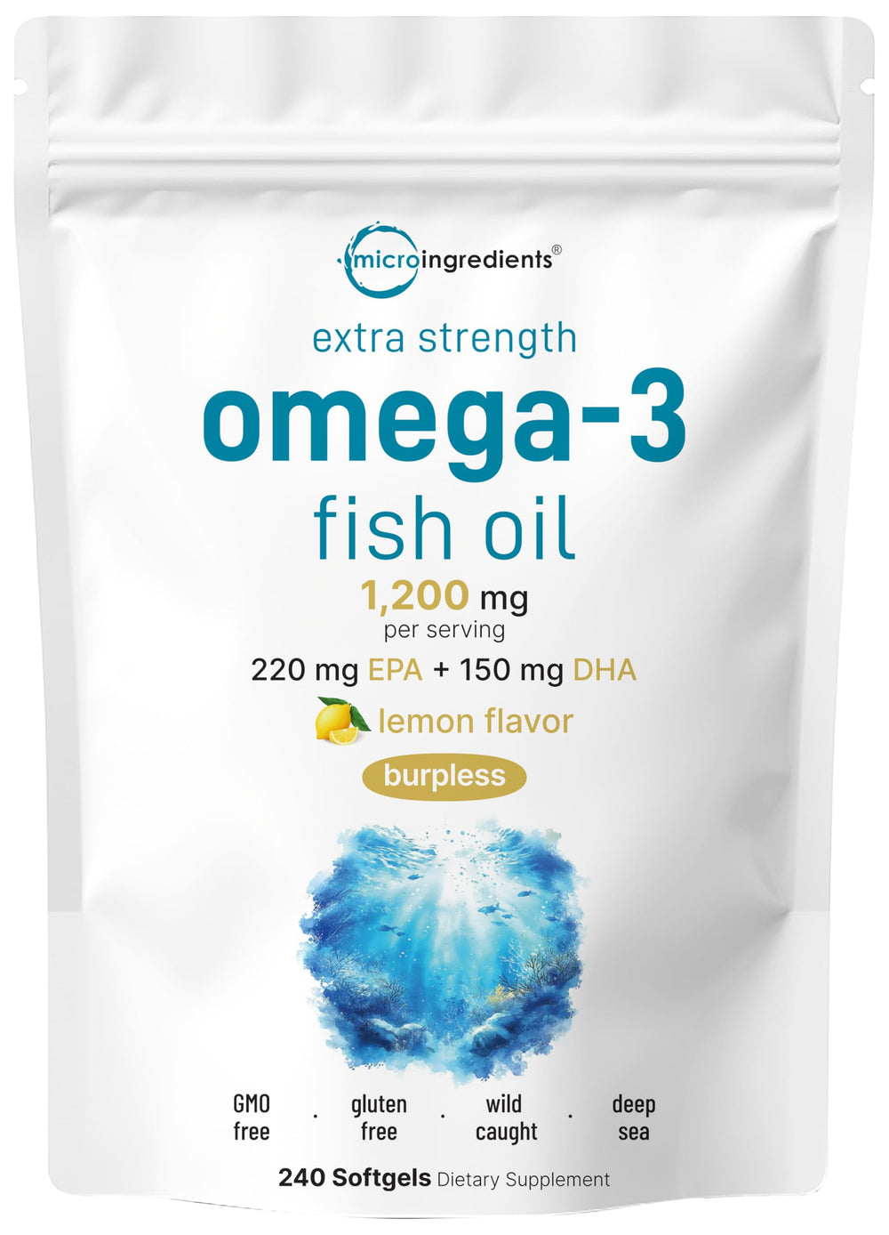 Micro Ingredients omega-3 bottle front view with high-potency formula label.