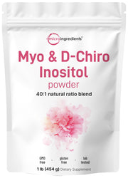 Micro Ingredients Myo-Inositol & D-Chiro Inositol powder bottle shows 40:1 ratio for hormonal balance