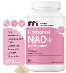 Micro Ingredients Liposomal NAD+ for Women bottle with 180 veggie capsules for daily wellness.