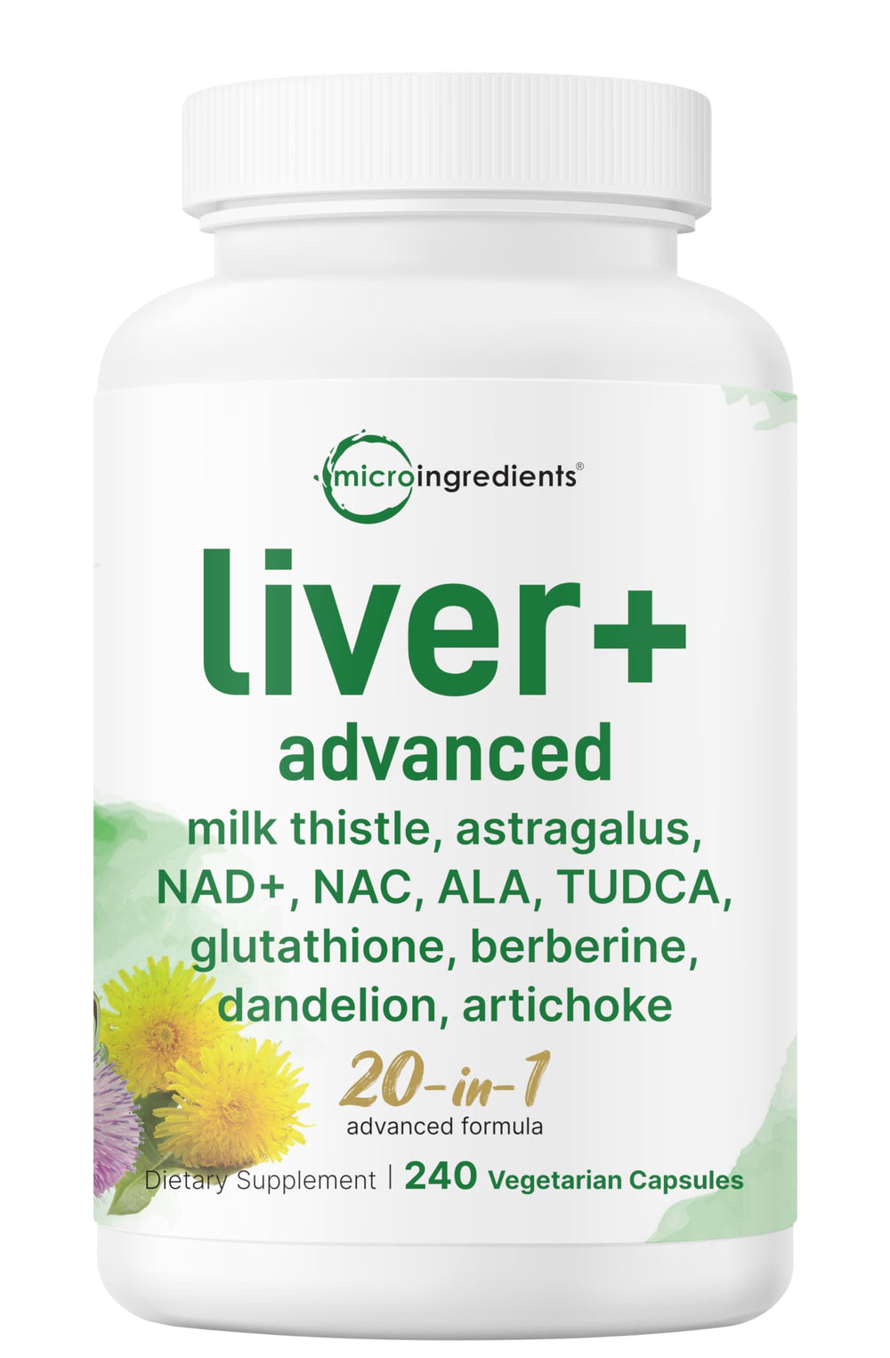 Micro Ingredients Liver Advanced+ bottle front shows a 20-in-1 formula for daily wellness.