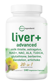 Micro Ingredients Liver Advanced+ bottle front shows a 20-in-1 formula for daily wellness.