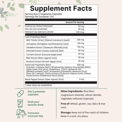 Liver Advanced+ label closeup highlights key ingredients and serving details.