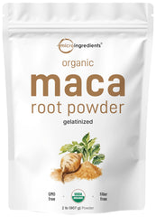 Micro Ingredients maca root powder bag showing organic Peruvian source and antioxidant-rich formula