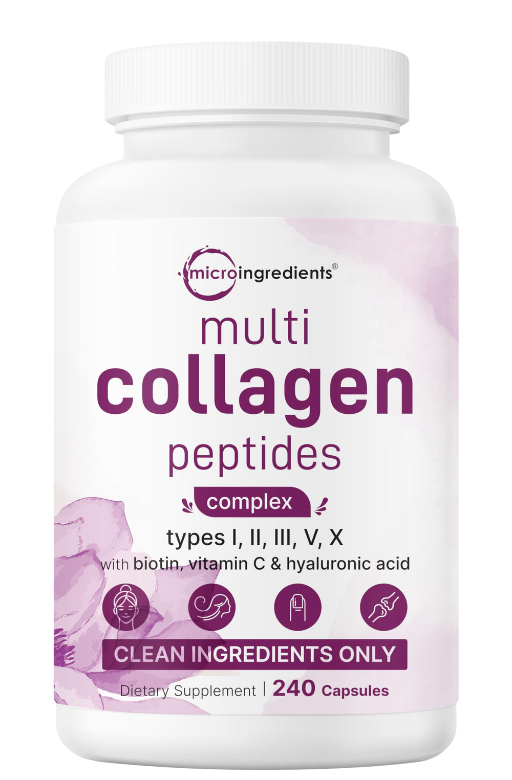 Micro Ingredients multi collagen bottle shown, a complete five-type blend for daily skin and joint care