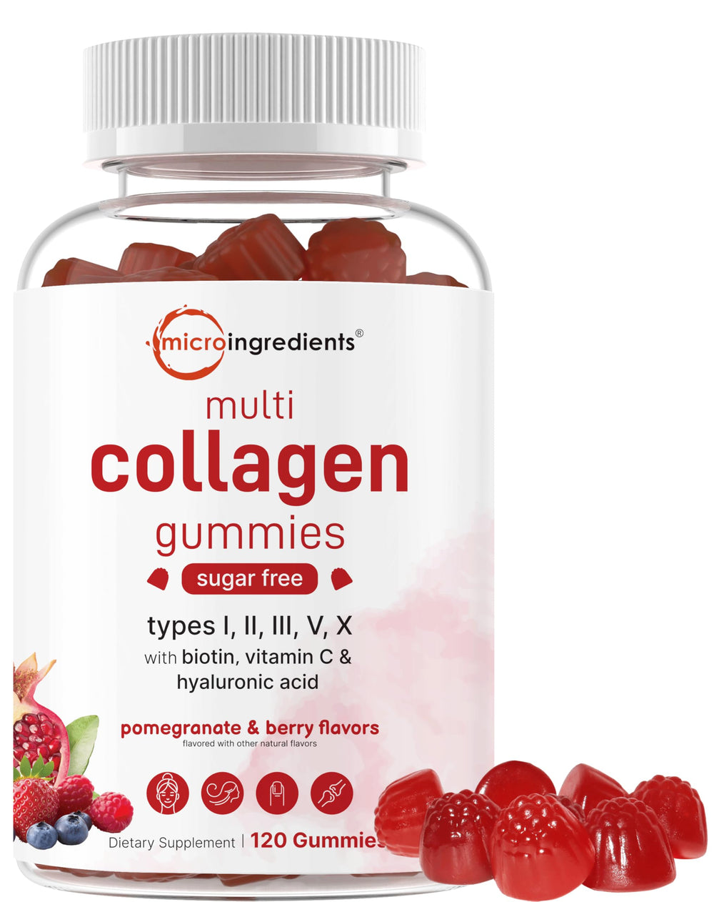 Micro Ingredients Multi Collagen Gummies with pomegranate-berry flavor for a tasty daily skincare boost.