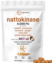 Micro Ingredients nattokinase enteric-coated softgels with MCT oil for gentler absorption and nutrient delivery.