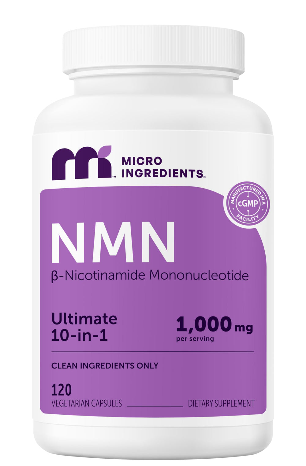 Micro Ingredients NMN Complex bottle showcasing the 10-in-1 formula for daily wellness