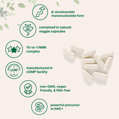 Close-up of NMN Complex label highlighting ingredients and certifications