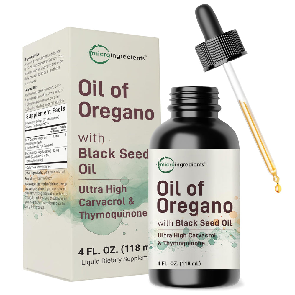 Micro Ingredients Oil of Oregano with Black Seed Oil bottle drops for daily wellness.