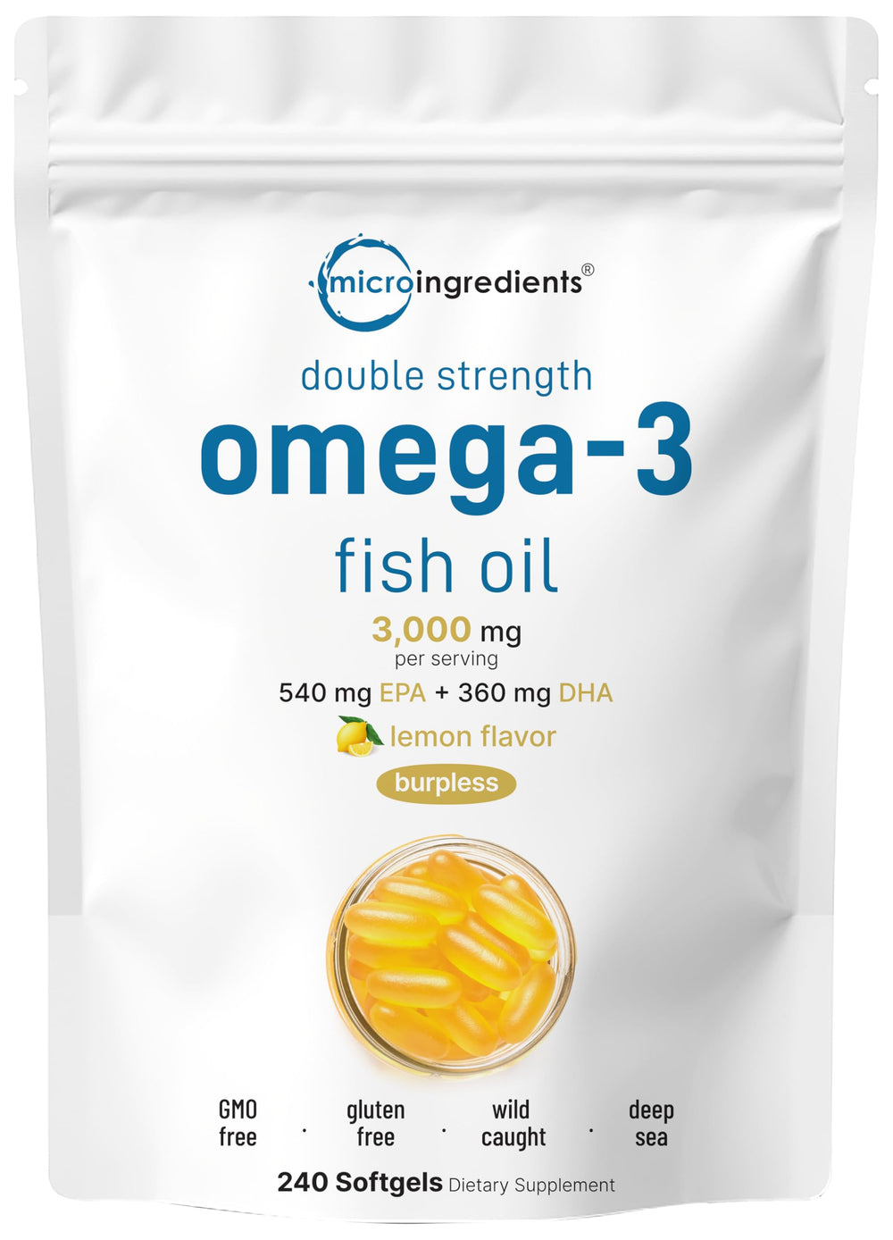 Micro Ingredients omega-3 fish oil softgels with lemon flavor for easier digestion.