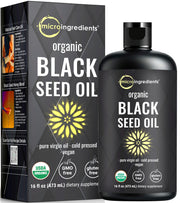 Micro Ingredients Organic Black Seed Oil bottle with pour spout for immune and skin support.