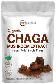 Micro Ingredients organic chaga extract bottle showing 100:1 potency for immune support
