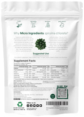 Micro Ingredients Spirulina-Chlorella tablets close-up showing vibrant green, easy-to-swallow design