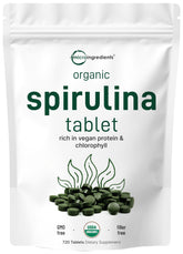Micro Ingredients Organic Spirulina tablets on bottle, convenient daily intake.