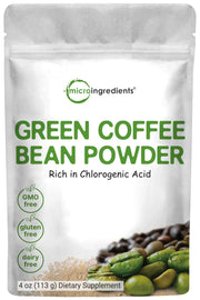 Micro Ingredients Pure Green Coffee Bean Extract bottle highlights 50% chlorogenic acid for steady energy.