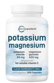 Micro Ingredients Pure Potassium supplement bottle shows a clean, filler-free daily electrolyte option.
