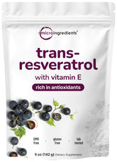 Micro Ingredients Pure Trans-Resveratrol bottle with Vitamin E, highlighting potential antioxidant benefits.