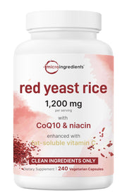 Micro Ingredients red yeast rice bottle pour highlighting the 4-in-1 formula for heart health support.