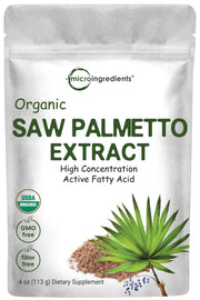 Micro Ingredients saw palmetto powder 4-ounce bottle, showcasing organic, sustainably grown quality for daily use.