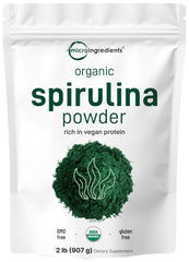 Micro Ingredients spirulina powder organic pouch displaying vibrant green color, ideal for vegan protein