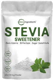 Micro Ingredients Stevia-Erythritol powder bottle shows keto-friendly sweetness with zero calories.