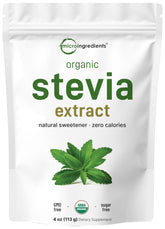Micro Ingredients stevia powder bottle highlights Reb-A extract for zero-calorie sweetness.